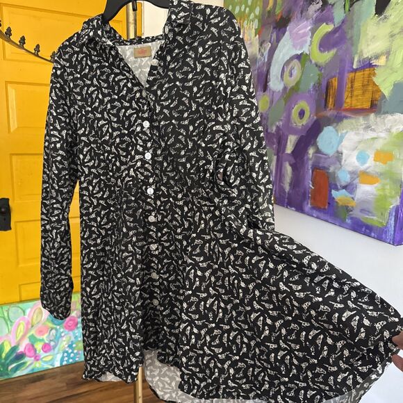 Tulip Clothing Women’s Tunic in Black White Birds 100% Cotton High Low Button Up - Picture 3 of 9